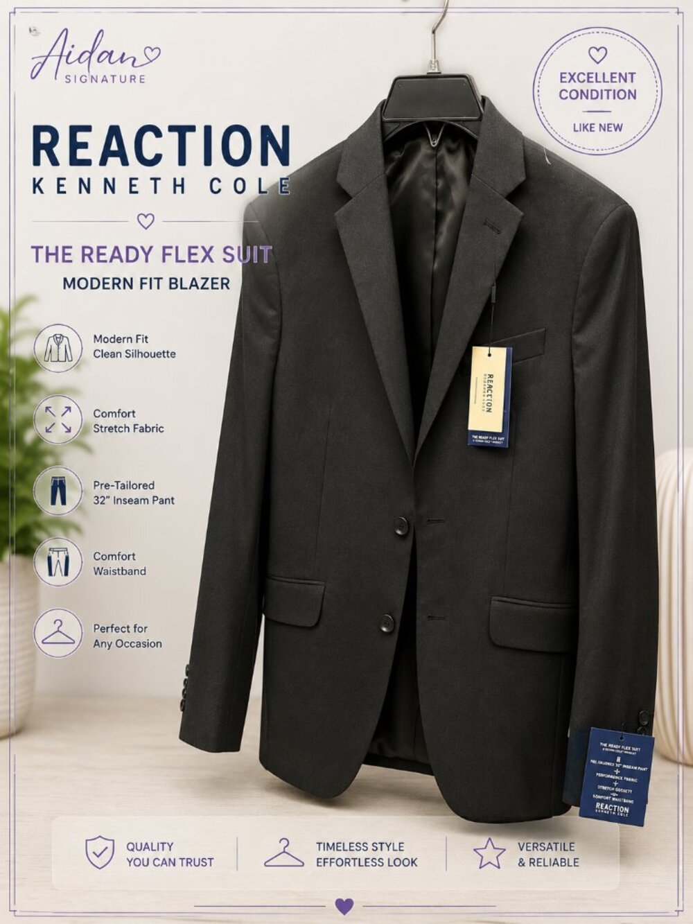 Kenneth Cole Reaction Techni-Cole Ready Flex Black Suit Jacket Blazer 36R Stretc